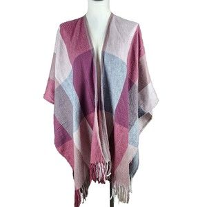 Unknown Brand Plum Purple Gray Plaid Poncho Wrap With Fringe One Size